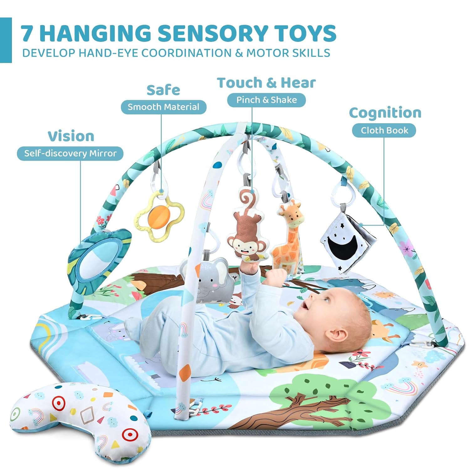 Baby Gym Play Mat, 8-in-1 Tummy Time Mat & Ball Pit with 6 Toys, Washable Baby Activity Play Mat for Visual, Hearing