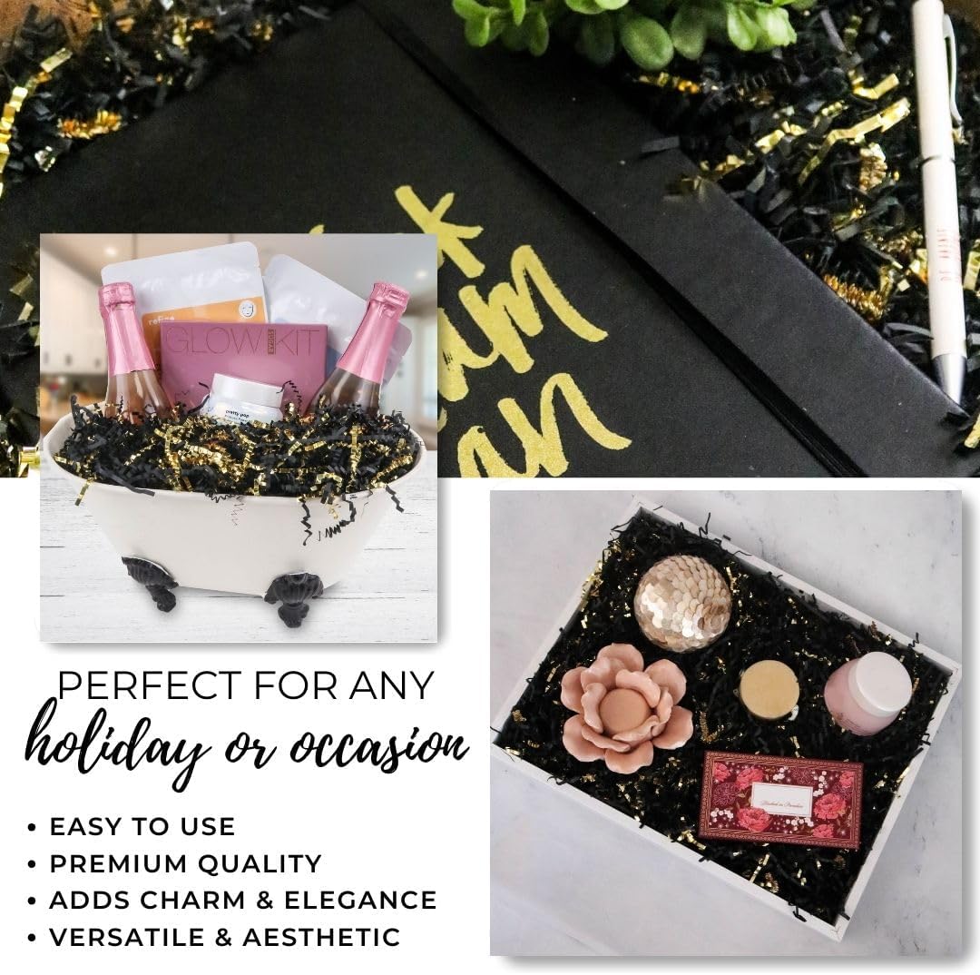 Crinkle Cut Paper for Gift Basket - 2 oz - Black & Gold