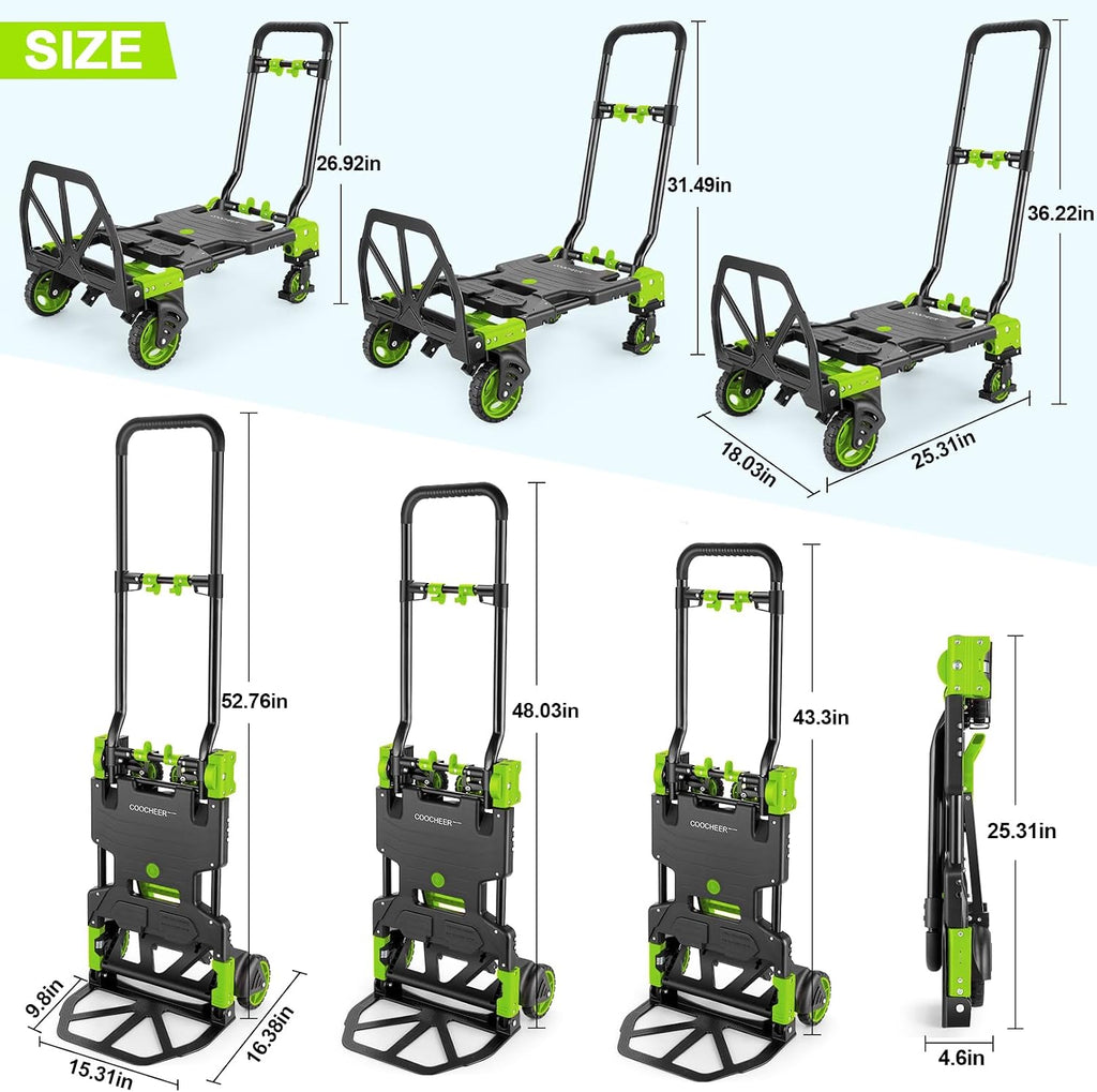 Folding Hand Truck Dolly, 330lb Convertible 4 to 2 Wheel Moving Cart, Green | Dolly Cart with Retractable, Aluminum
