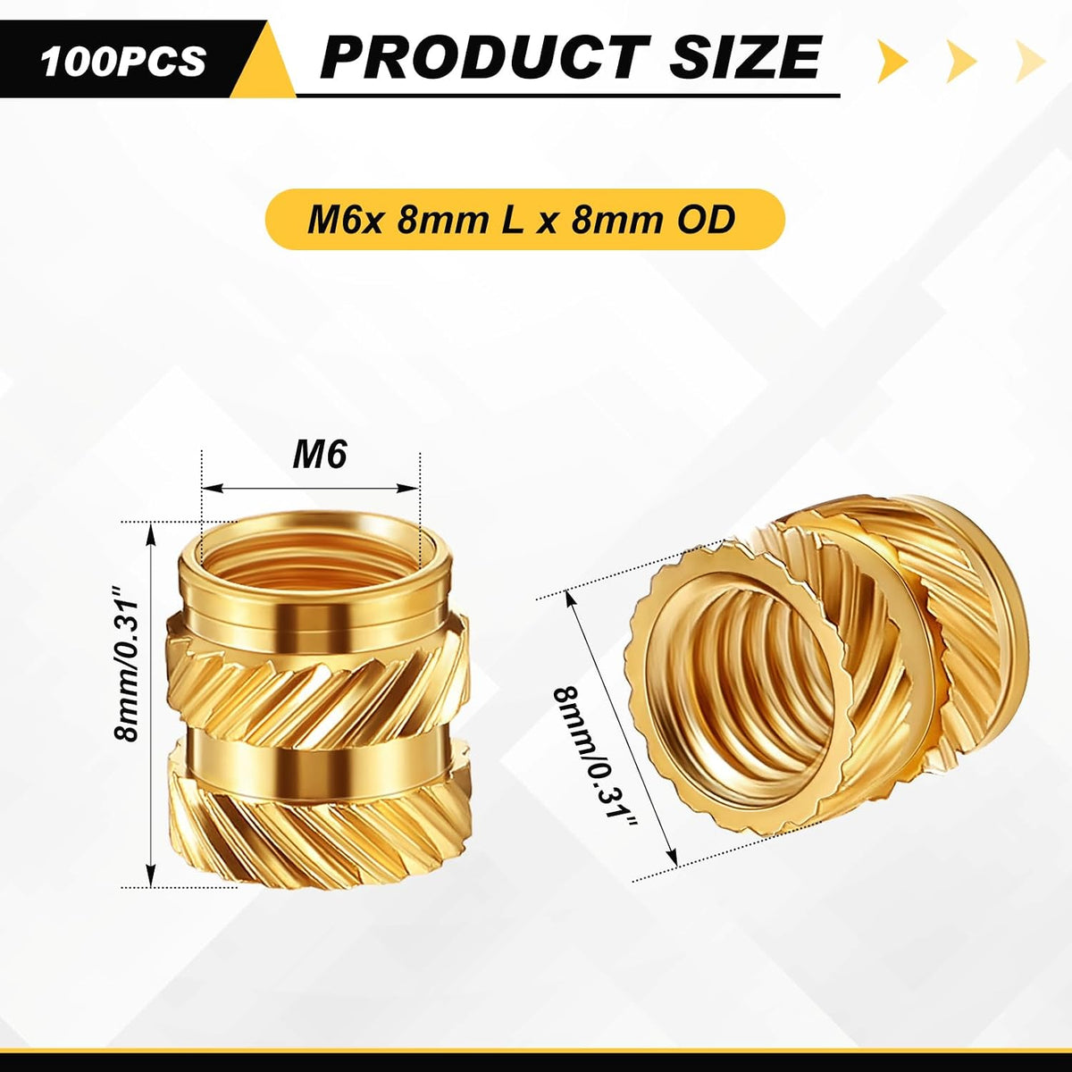 Yaocom 100 Pcs M6 Threaded Inserts M6 x D8 x L8 Heat Set Inserts