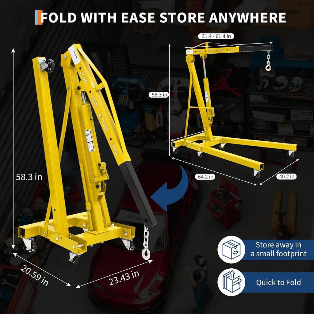 2 Ton Folding Hydraulic Engine Hoist with 59" Load Leveler Yellow