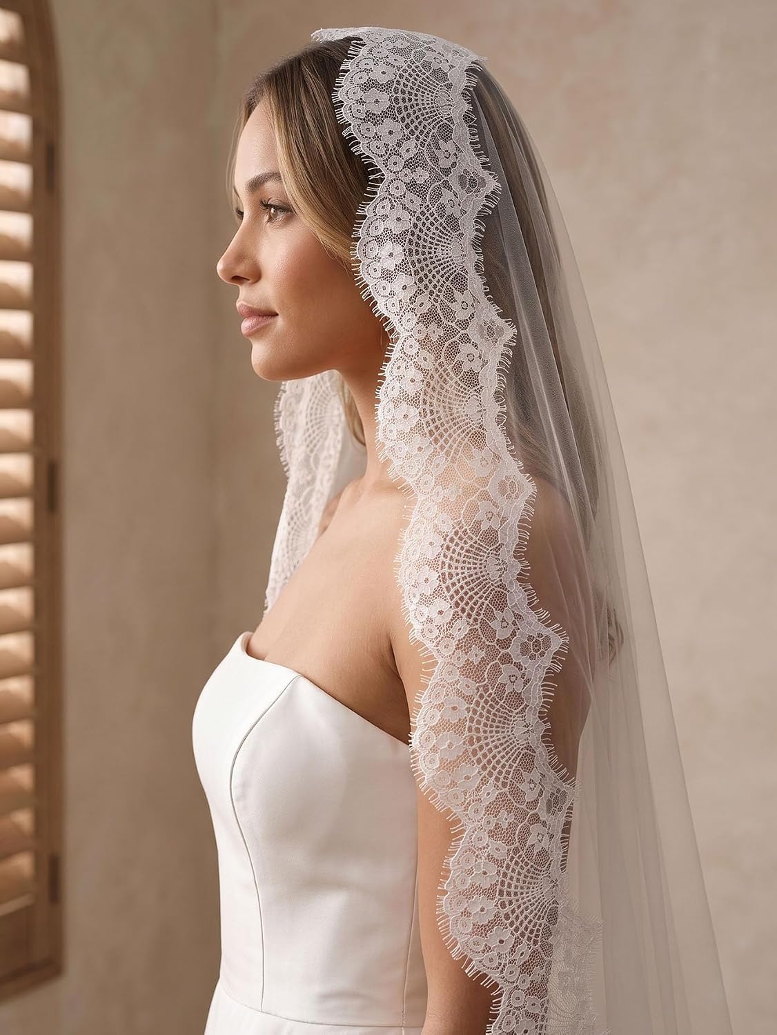 Mantilla Wedding Veil Full French Lace Edge Long Bridal Veil with Comb for Bride