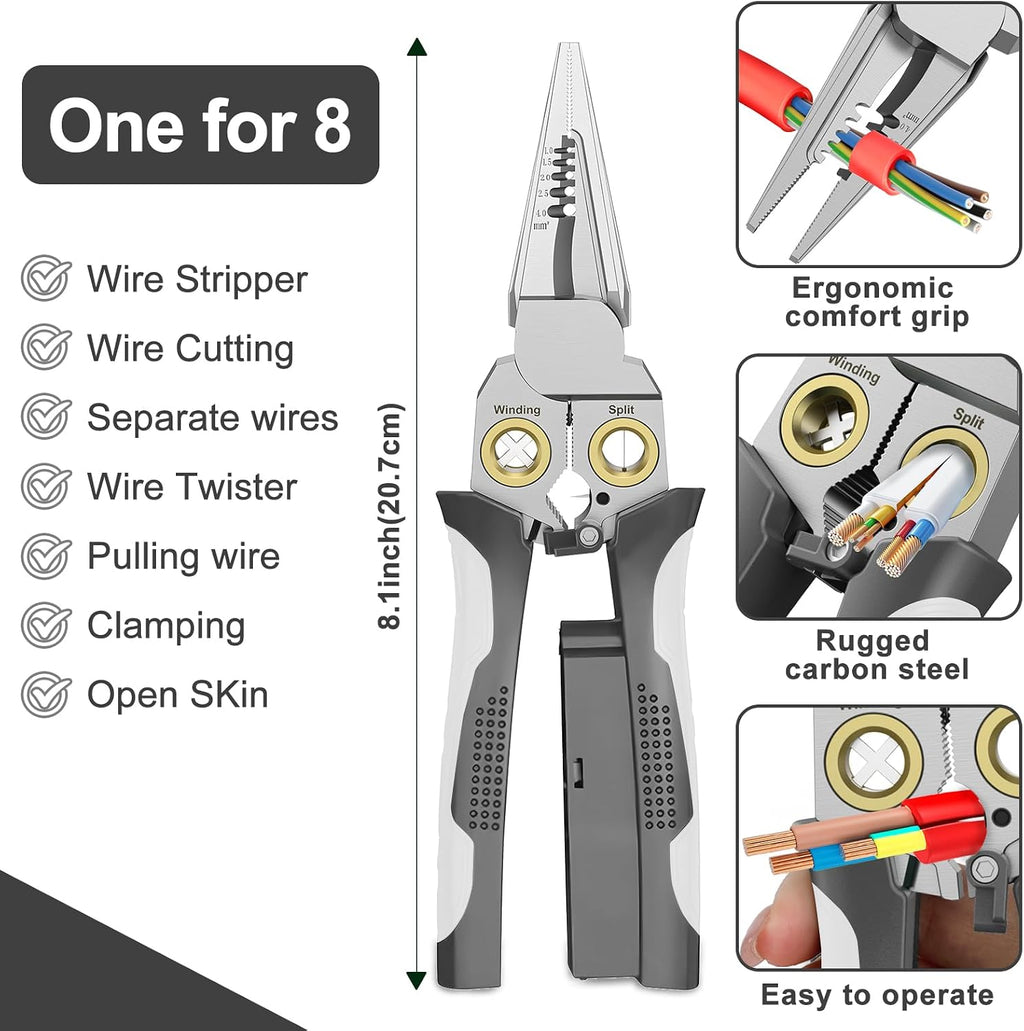 Pro 8-in-1 Wire Stripper/Cutter with Voltage Tester & Dual Alarms - Heavy Duty 12-250V AC/DC Electrical Tester for