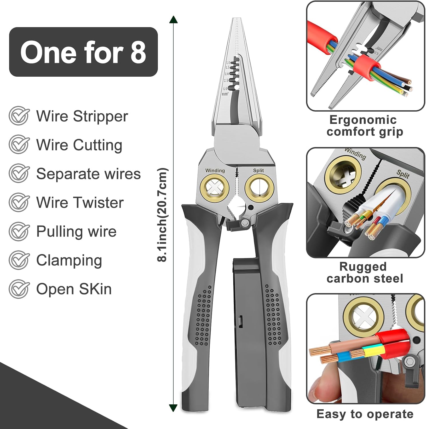 Pro 8-in-1 Wire Stripper/Cutter with Voltage Tester & Dual Alarms - Heavy Duty 12-250V AC/DC Electrical Tester for