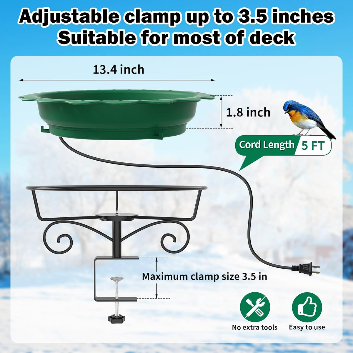 Heated Bird Bath for Deck Railing, 100W Heated Birdbath for Outdoors, Green