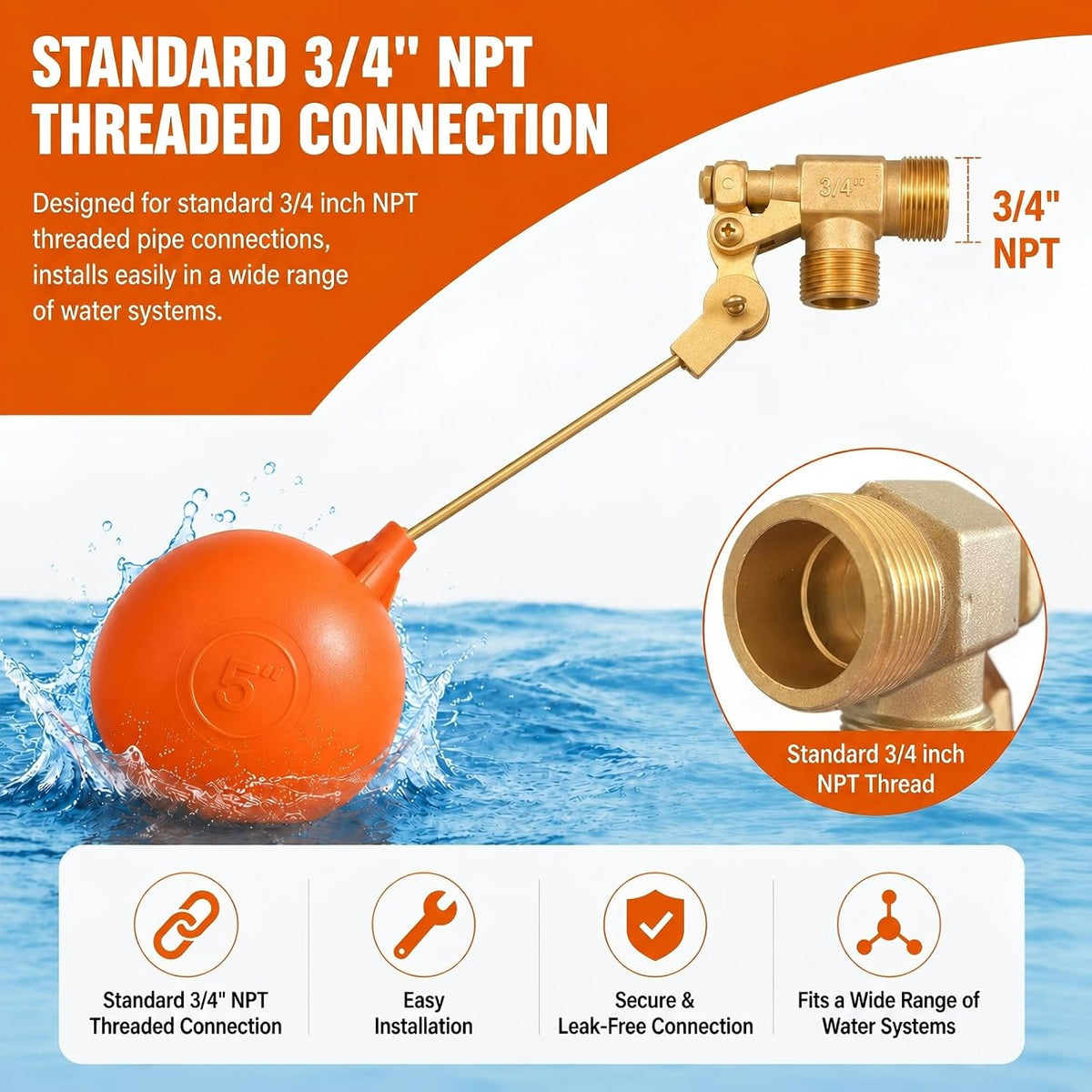 3/4 Inch Brass Float Valve for Water Tank, Automatic Water Level Control