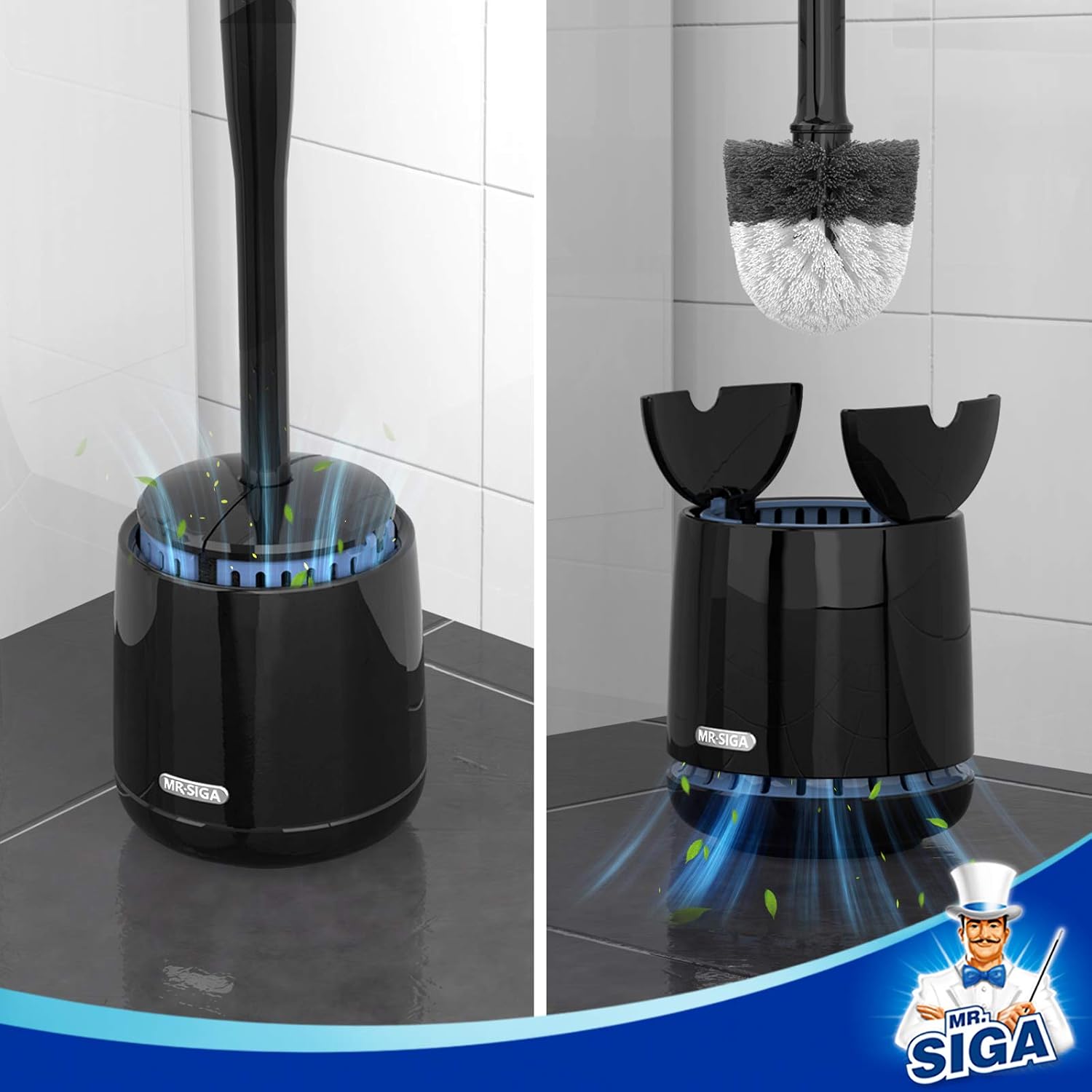 Toilet Bowl Brush and Holder, Sturdy Long Handle, Black, 1 Pack | Automatic lid design, upgraded ventilation