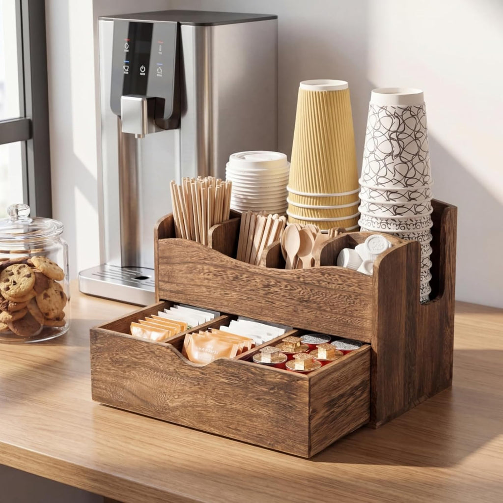 Wood Coffee Station Organizer with Drawer, 6 Compartments