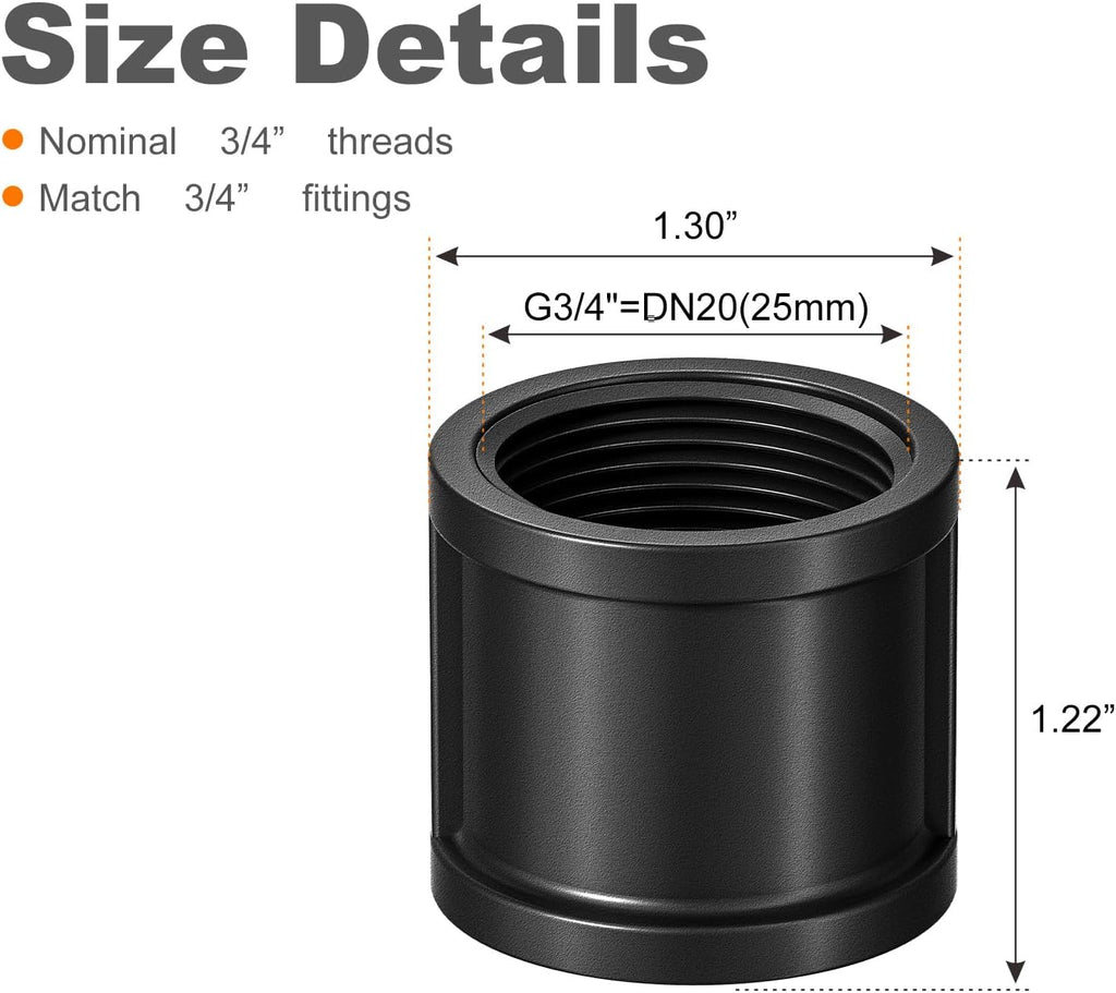 Coupling Malleable Cast Iron Pipe,Black,3/4",2-Pack.