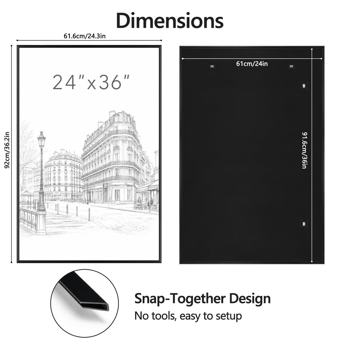 24x36 Poster Frame 6 Pack, Easy Snap‑On Assembly, Black