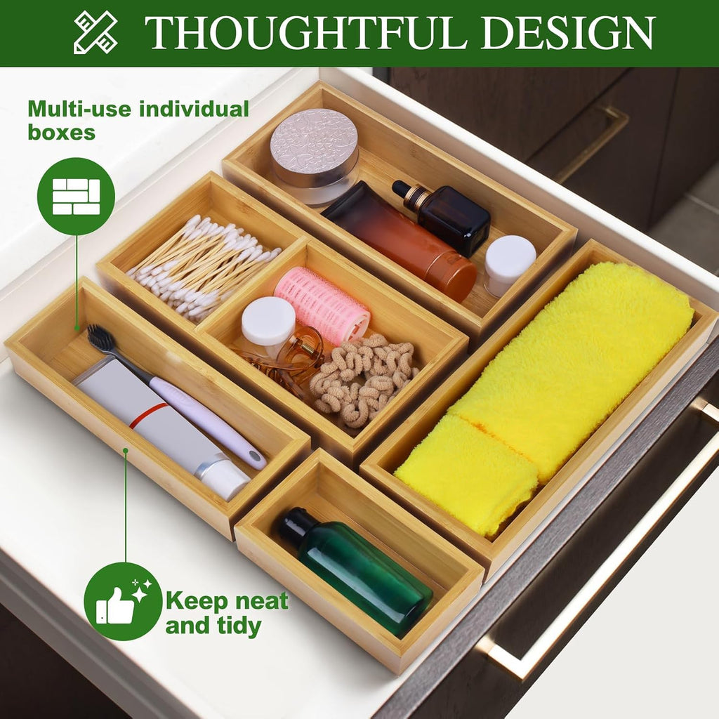 Bamboo Drawer Organizer Set, 5 PCS Multi-Use Individual Wood Storage Organizers, Junk Drawer Divider and Storage