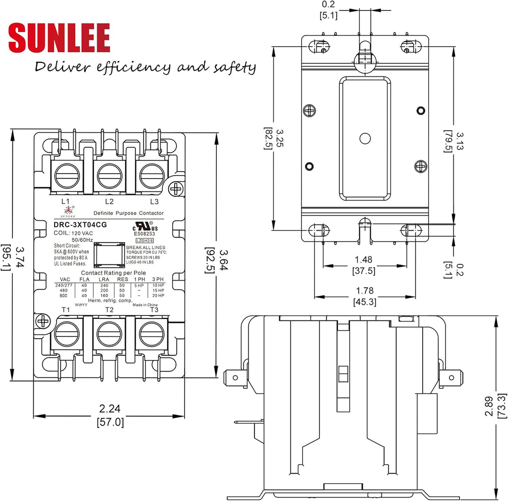 SunLee 3 Pole 40 Amp contactor 120V coil UL DP Contactor HVAC Contactor A2L Compliant 42CF35AF equivalent