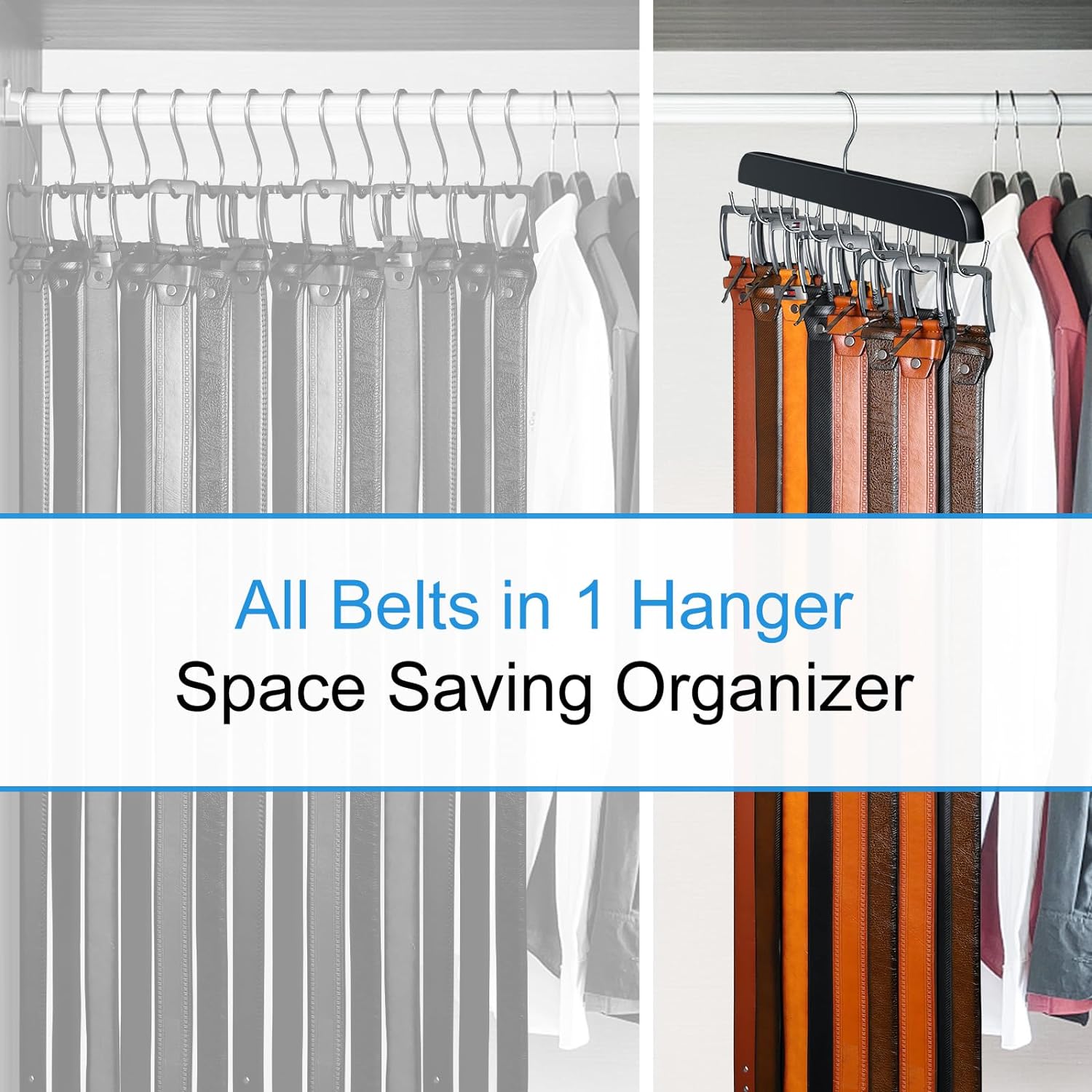 Belt Hanger for Closet Max 42 Belts, Sturdy Wood Belt Rack Closet Accessories with 14 Hooks Belt Organizer for Closet