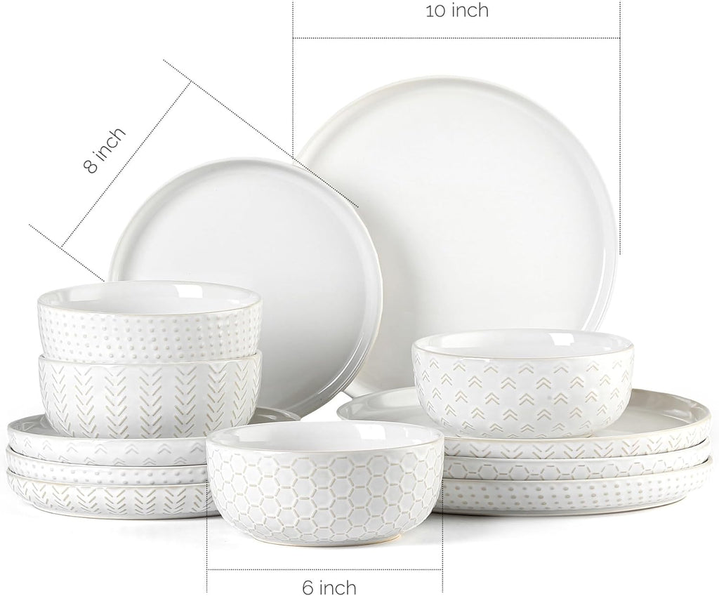 Stoneware Dinnerware Sets Service for 4, 12 pcs Reactive Glaze Plates and Bowls Sets, Embossed Boho Ceramic Dish Set