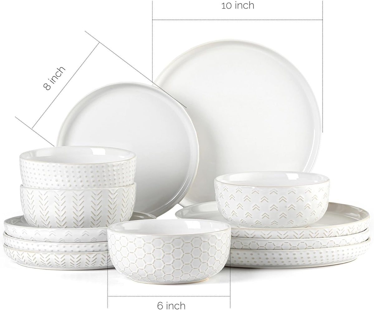 Stoneware Dinnerware Sets Service for 4, 12 pcs Reactive Glaze Plates and Bowls Sets, Embossed Boho Ceramic Dish Set