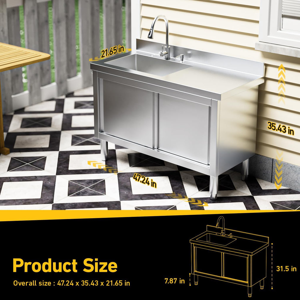 47" Utility Sink With Cabinet, 304 Stainless Steel, Outdoor Kitchen