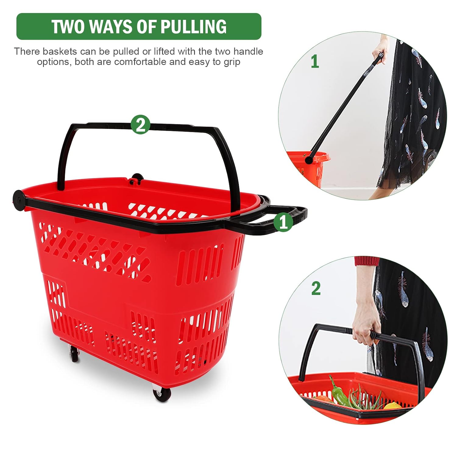 Red Shopping Carts with Wheels, 6PCS 35L Portable Shopping Baskets | Grocery Basket with Handles for Supermarket