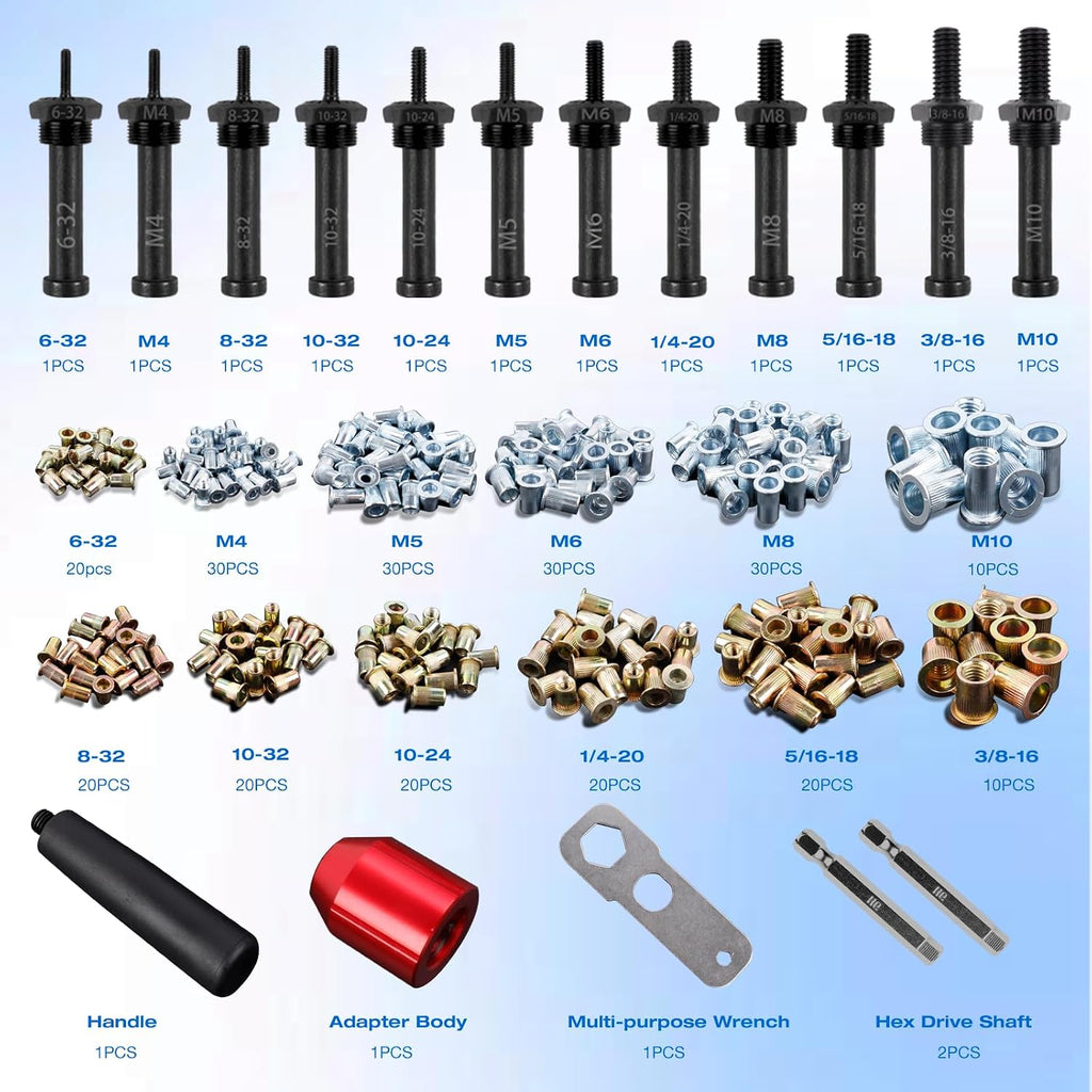 Rivet Nut Tool Kit for Drill & Ratchet, 12 Mandrels, 260 Rivet Nuts