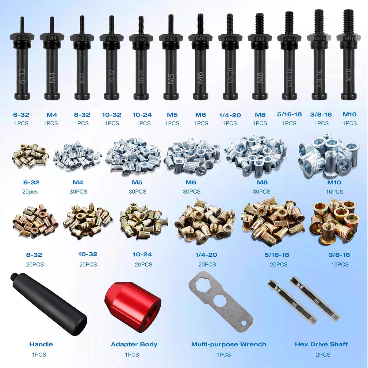 Rivet Nut Tool Kit for Drill & Ratchet, 12 Mandrels, 260 Rivet Nuts