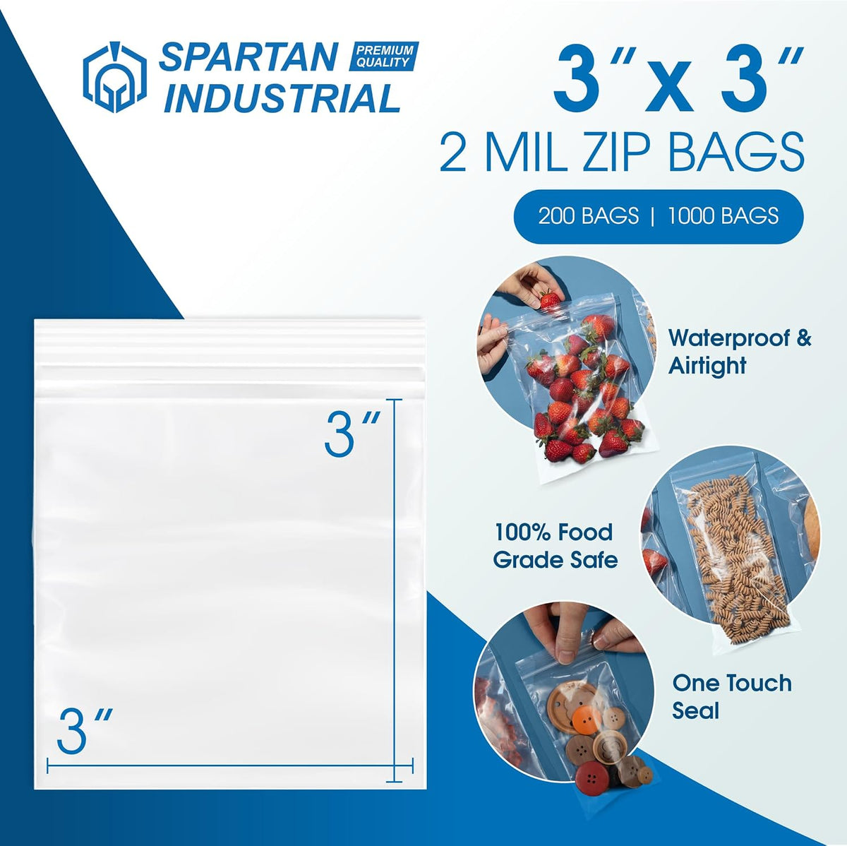 3” X 3” (1000 Count) 2 Mil Clear Reclosable Zip Plastic Poly Bags
