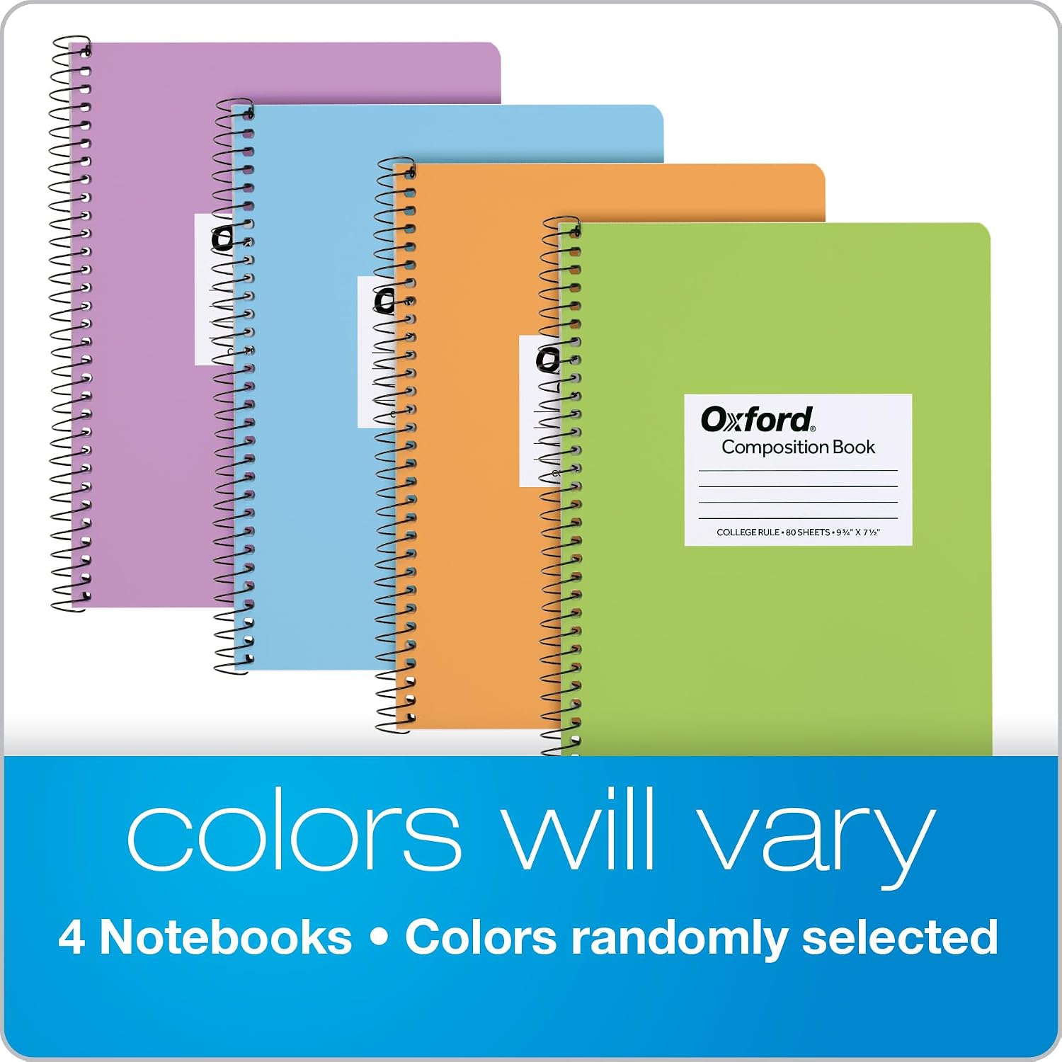 Composition Spiral Notebooks, 4 Pack, Cover Colors Vary, College Ruled Paper, 9-3/4 x 7-1/2 Inch School Journals