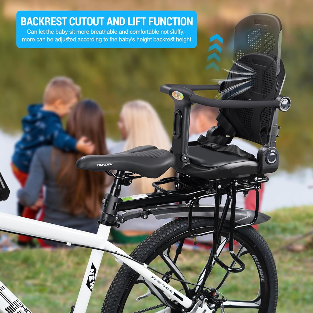 Rear Child Bike Seat, Rear Wraparound Kid Bike Seat Adjustable Backrest Arc Height with Harness and Pedals, Toddler