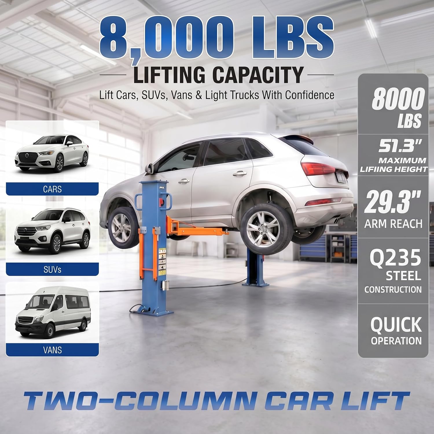 Portable Two Post Car Lift 8000 LBS Capacity, 220V Electric Lock, Movable Garage Car Lift for Home Garage & Workshop