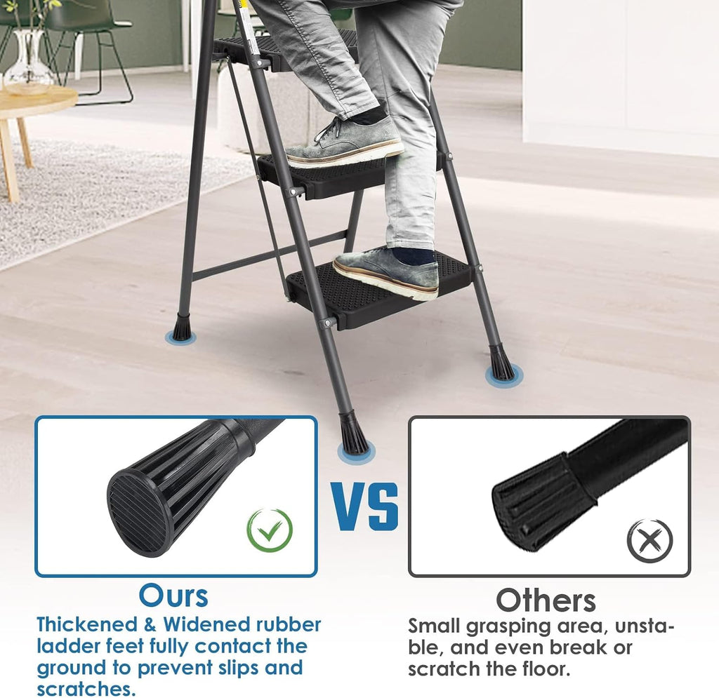 3 Step Ladder, GOLYTON Folding Step Stool with Anti-Slip Wide Pedal & Convenient Handgrip, 500lbs Capacity Steel