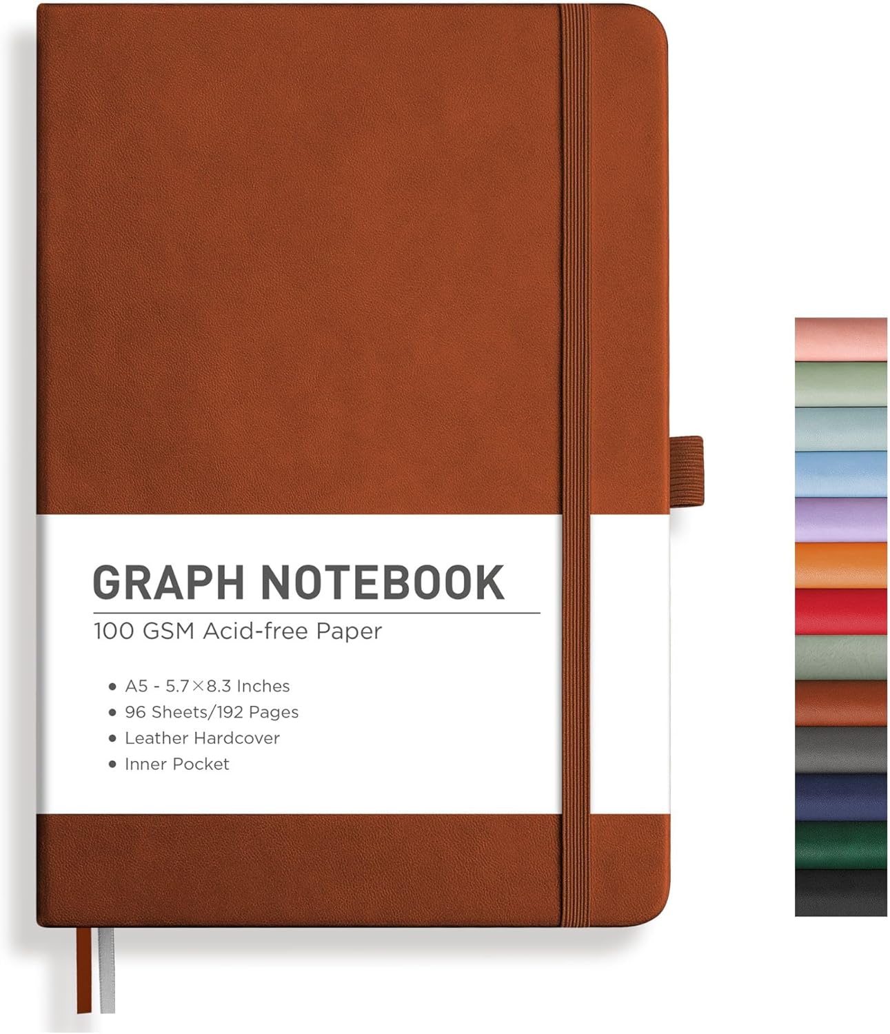 Graph Grid Paper Notebook, 192 Pages, A5 Medium Size (5.7'' x 8.3''), 5 Squares per Inch, Leather Hardcover, 100 GSM