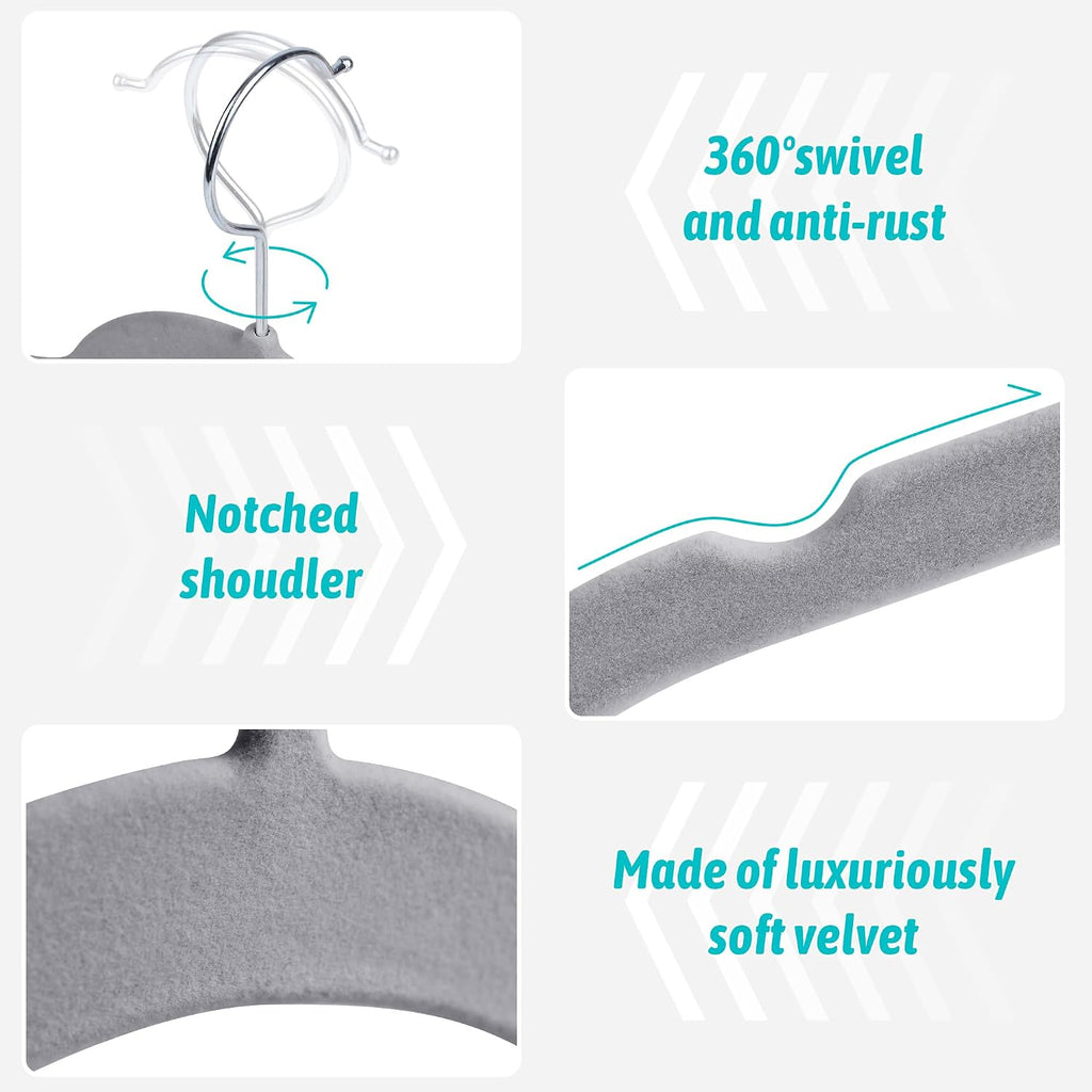 Velvet Hangers 50 Pack, Non-Slip Slim Felt Clothes Hangers Gray | Space-Saving Closet Organization; Flocked Surface;