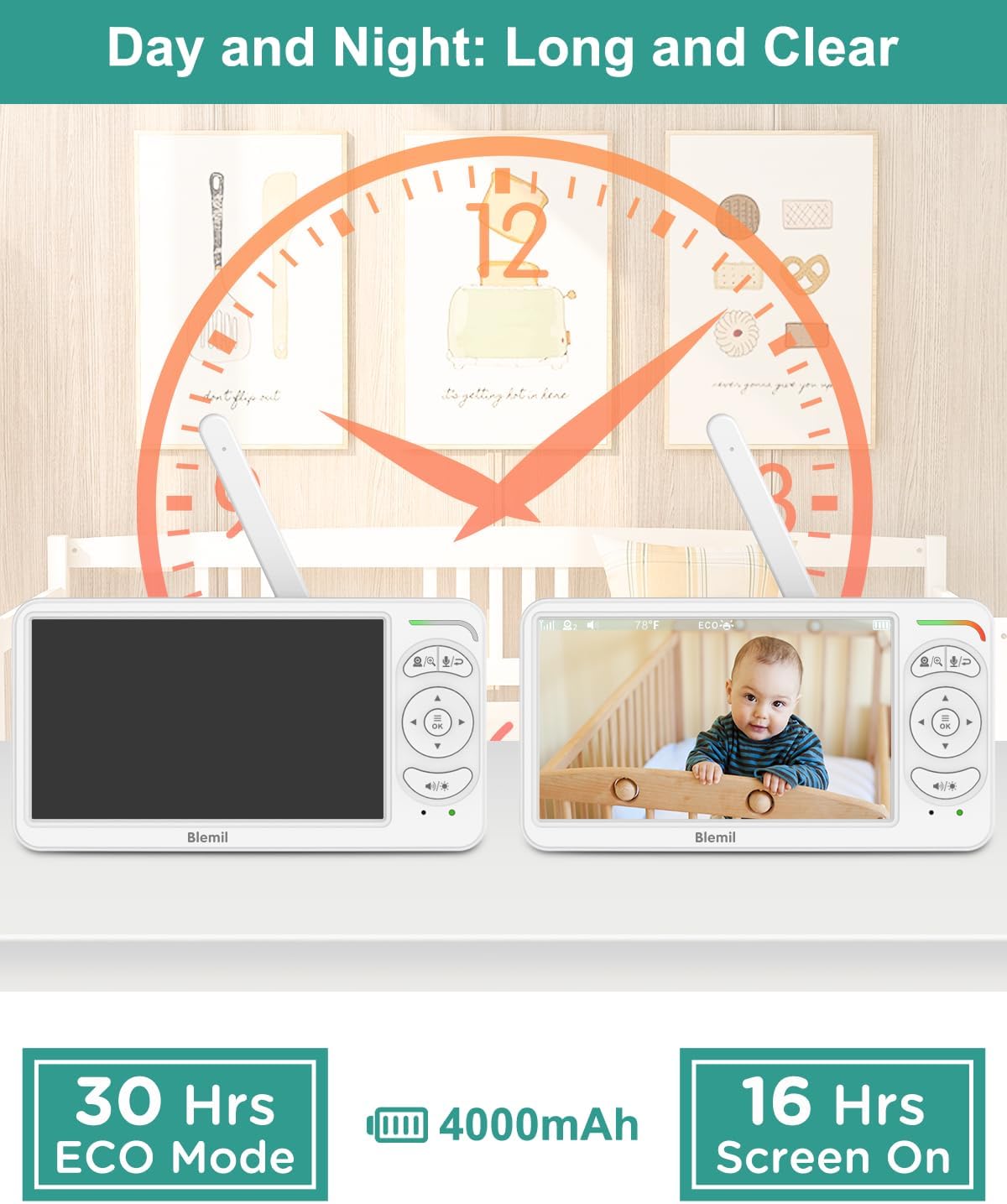 6" Split Screen Video Baby Monitor with 2 Cameras, 4000mAh Battery | Baby Monitor No WiFi, Remote Pan-Tilt-Zoom