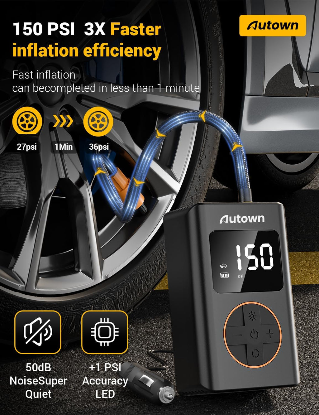 Flat Tire Repair Kit with Air Compressor, Professional Tire Plug Kit | 120PSI Portable Air Pump with Auto-Stop & LED
