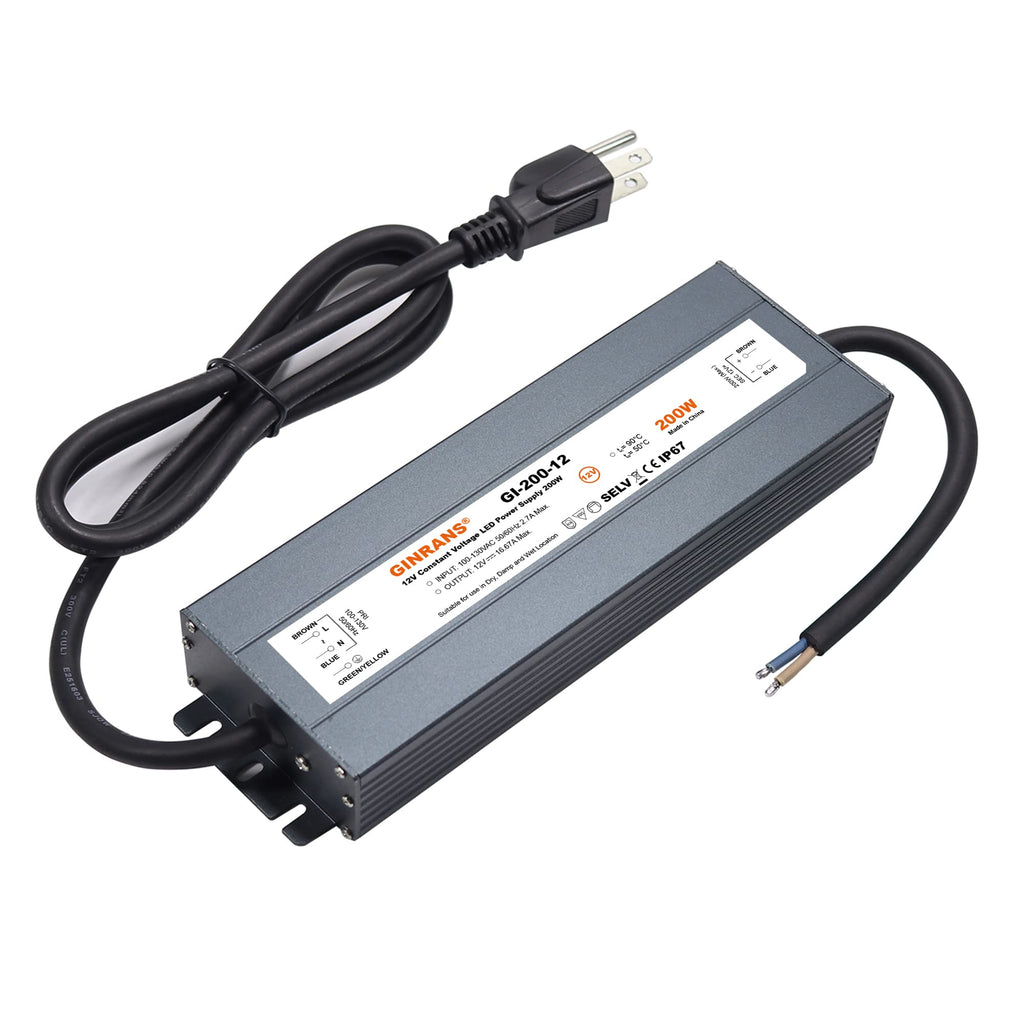 200W IP67 Waterproof Constant Voltage LED Driver Power Supply Transformer, 100-130V AC Universal Input with Plug