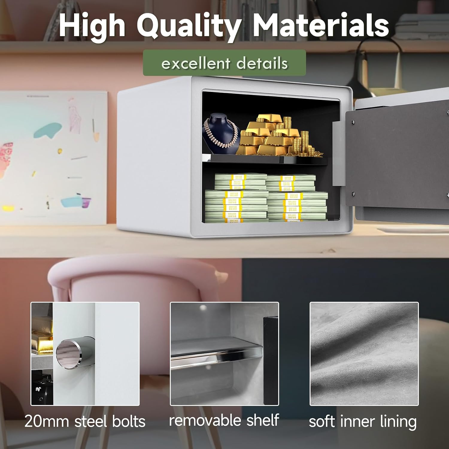 Luxury Jewelry Safe with Fingerprint&Keypad Lock, Document Safe Box with Soft Velvet Lining, Removable Shelf, High
