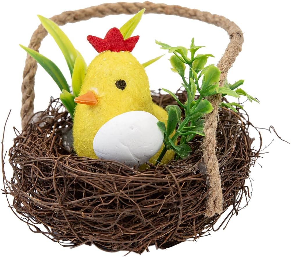 Easter Bunny Basket Decoration with Flowers, Woven Jute Basket with Handle, Spring Decor with Pastel Eggs(3D)
