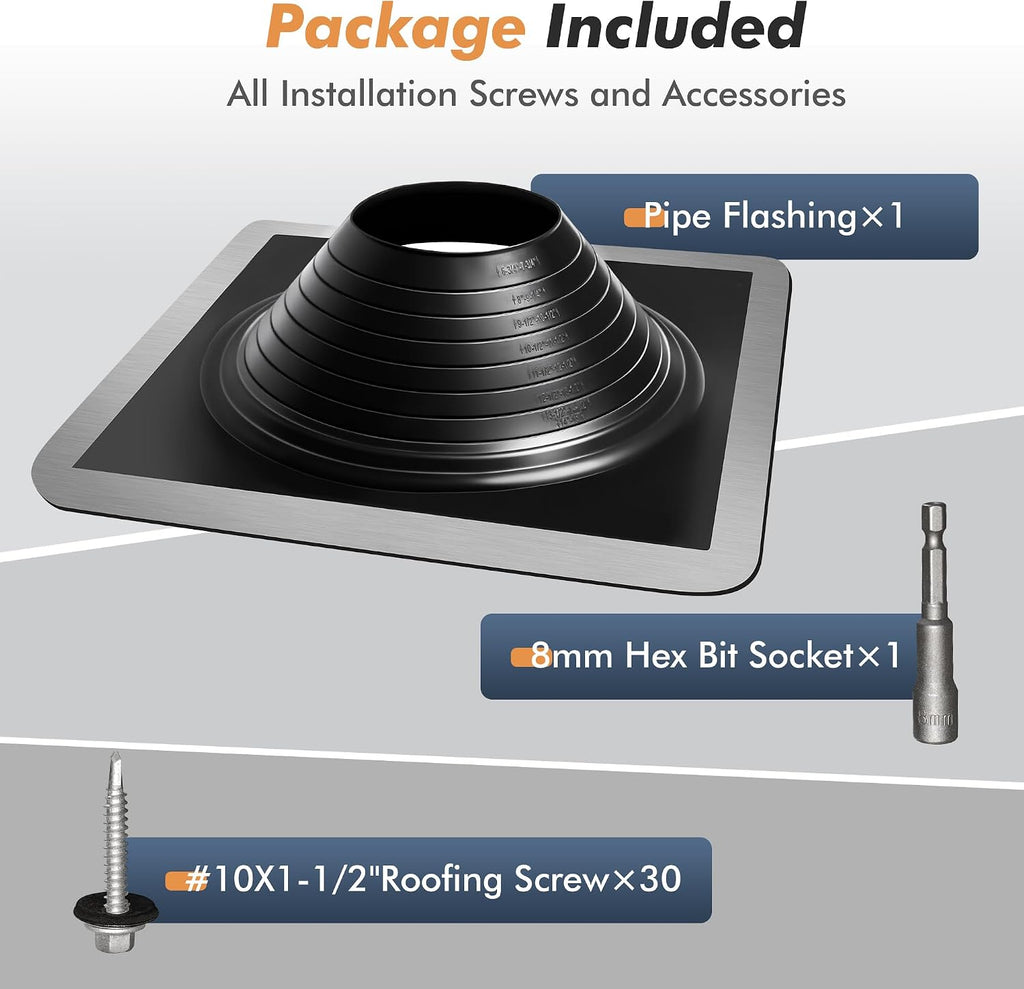#8 Epdm Metal Roof Vent Boot, Flexible Roofing Boots Fits Pipe Od 6 3/4'' to 15'', Metal Roof Jacks Flashing for
