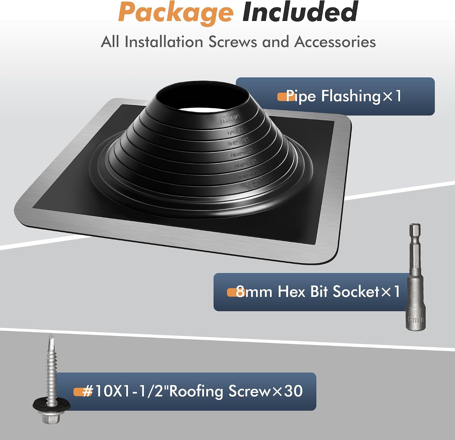 #8 Epdm Metal Roof Vent Boot, Flexible Roofing Boots Fits Pipe Od 6 3/4'' to 15'', Metal Roof Jacks Flashing for