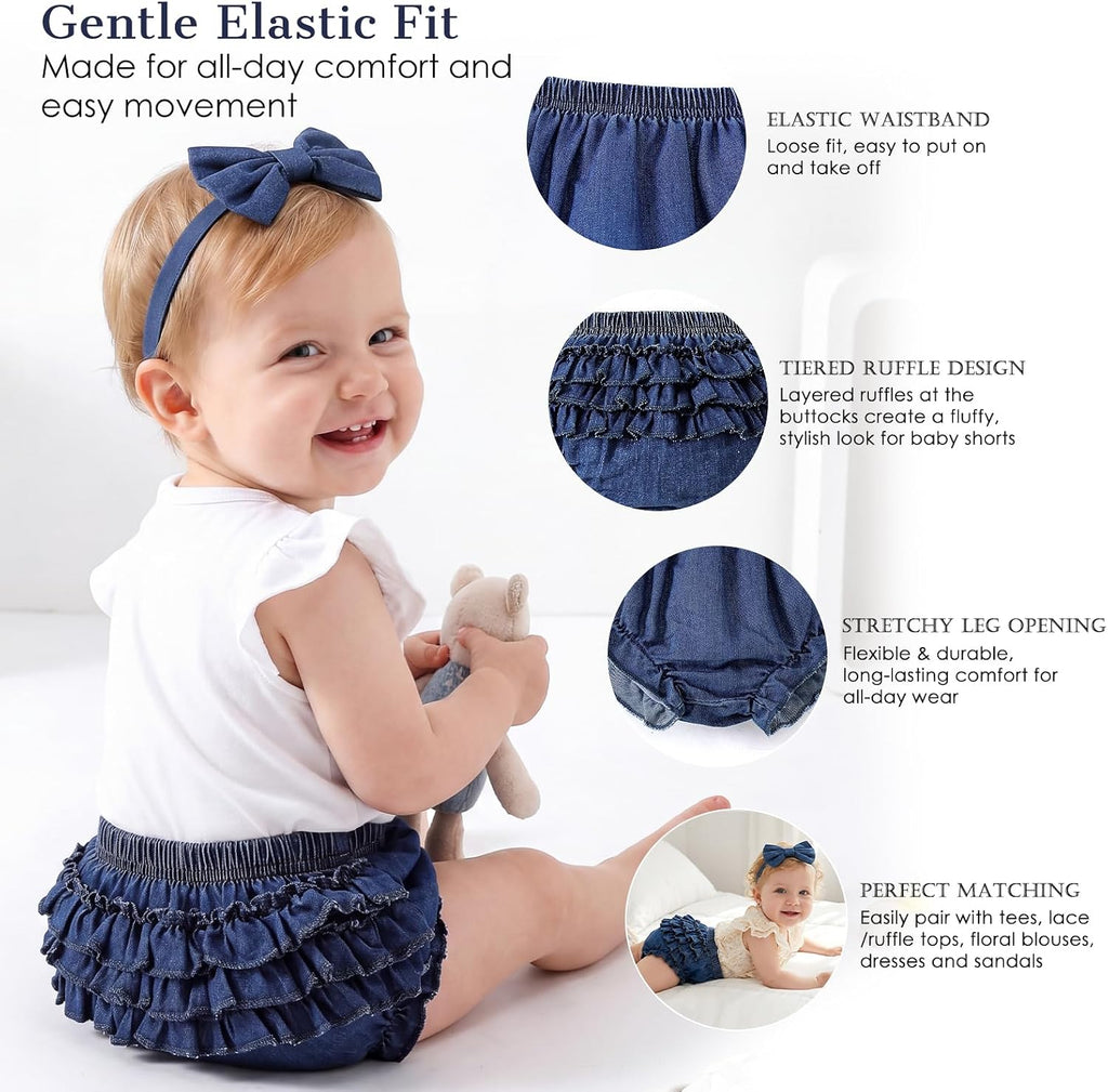 Baby Girl Denim Bloomers Ruffle Diaper Cover Shorts Headband 6M-3T