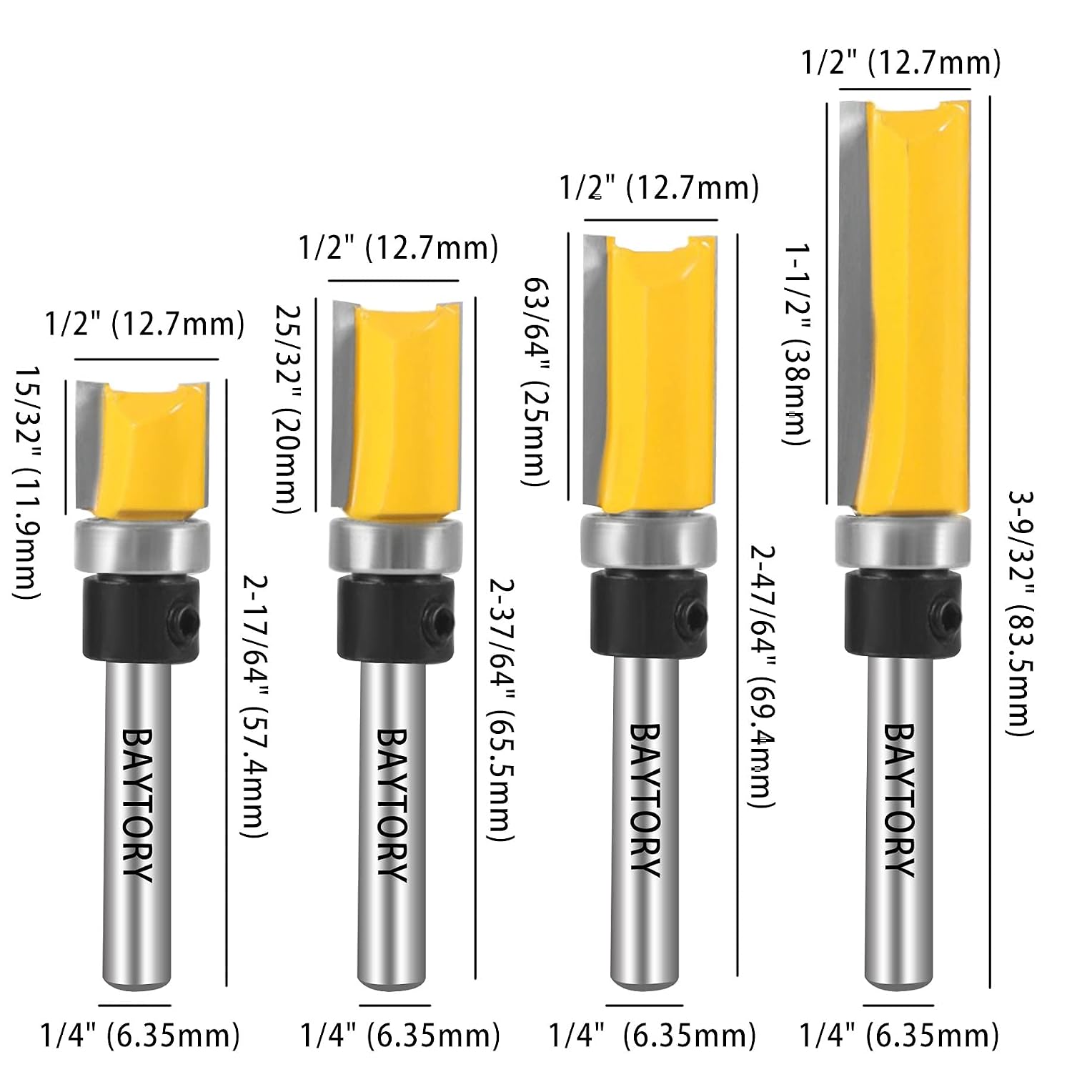 Professional Pattern Flush Trim Router Bit Set with 1/4 inch Shank | 4Pcs 1/2" Cutting Diameter Carbide Bits with Top