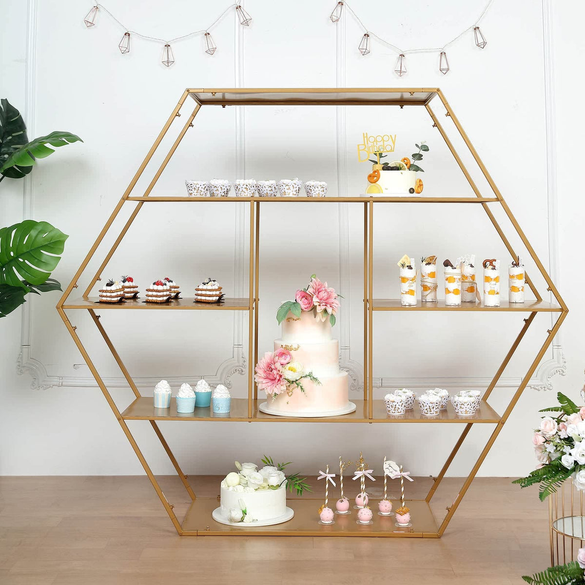4ft Large Gold Metal Hexagonal Cake Dessert Display Stand, Wedding Arch Backdrop, Balloons Rack, Modern Bookcase