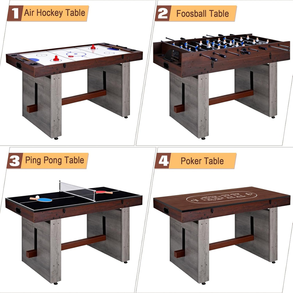 4-in-1 Combo Game Table 55" Multi-Game Table with Foosball, Electric Air Hockey (Powerful 700mA Motor), Ping Pong &
