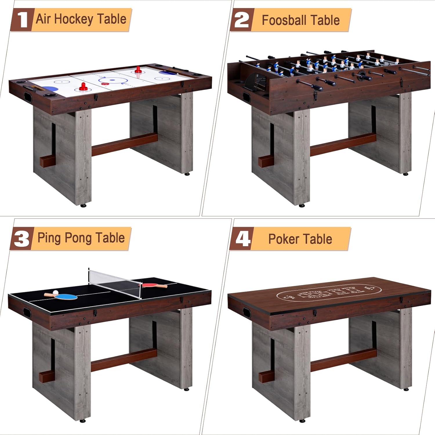 4-in-1 Combo Game Table 55" Multi-Game Table with Foosball, Electric Air Hockey (Powerful 700mA Motor), Ping Pong &