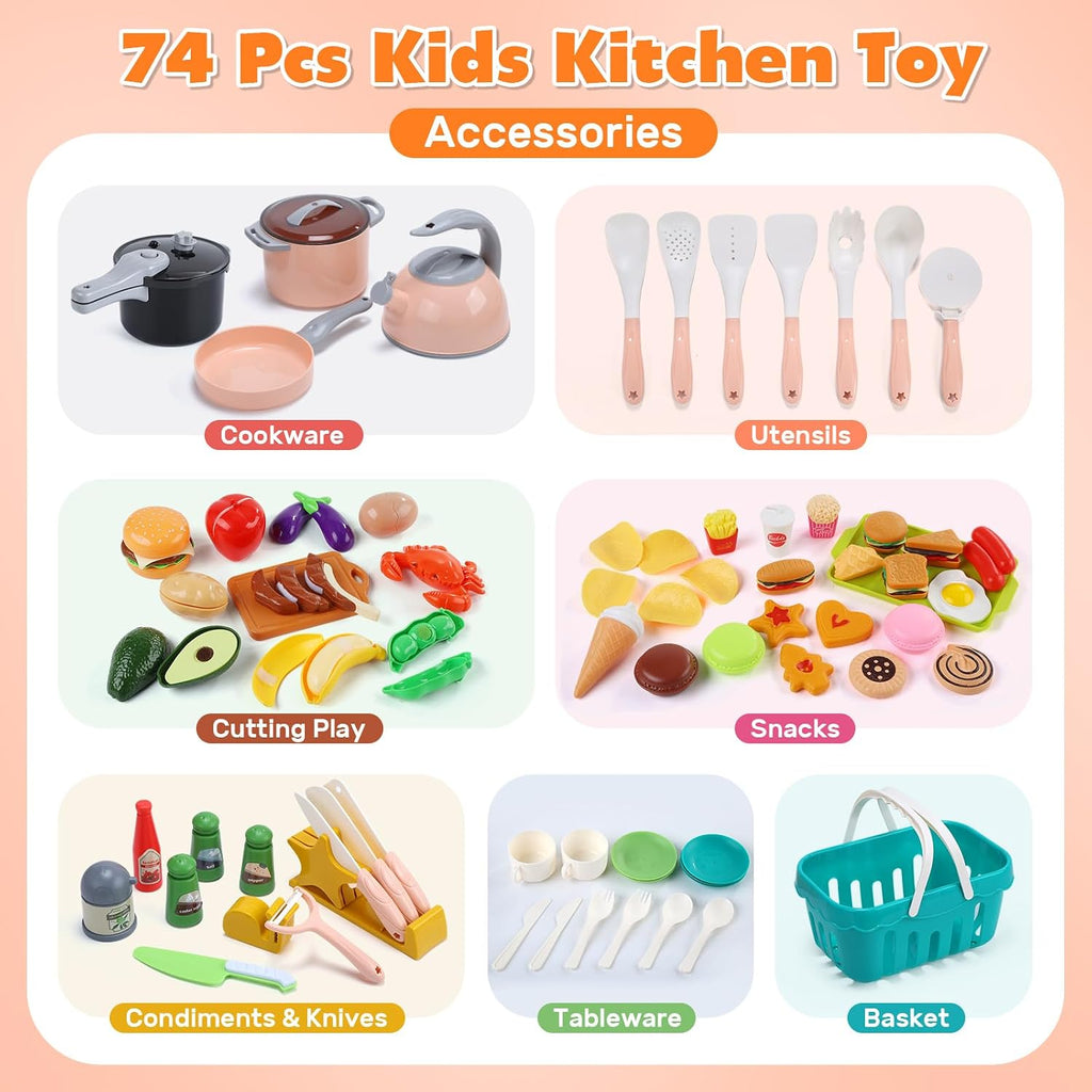 74-Pcs Kids Kitchen Toy Accessories with Basket, Pretend Play Cooking Set with Toy Pots and Pans, Utensils, Cookware