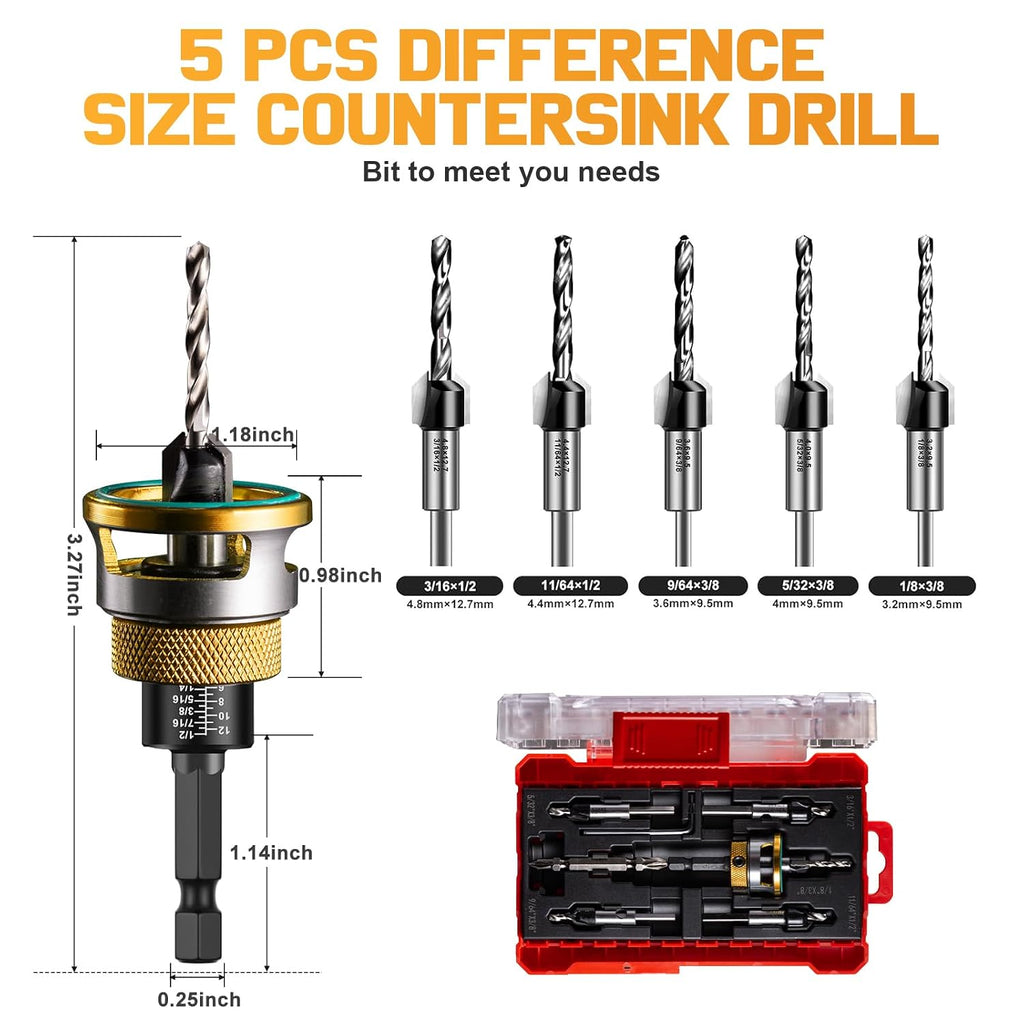 9PCS Countersink Drill Bit Set with Adjustable Depth Stop Collar