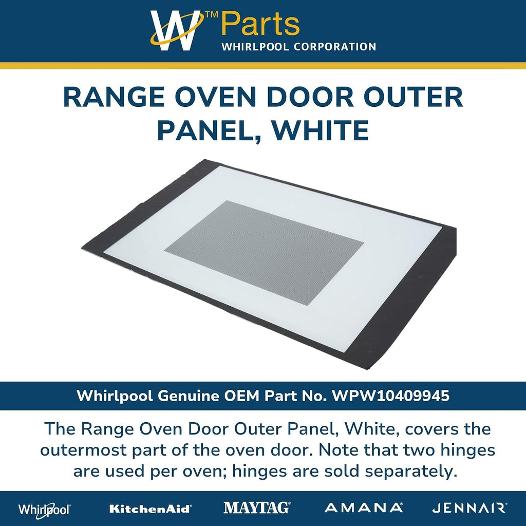 Whirlpool WPW10409945 Genuine OEM Range Oven Door Outer Panel, White Replacement Part - Replaces W10409945