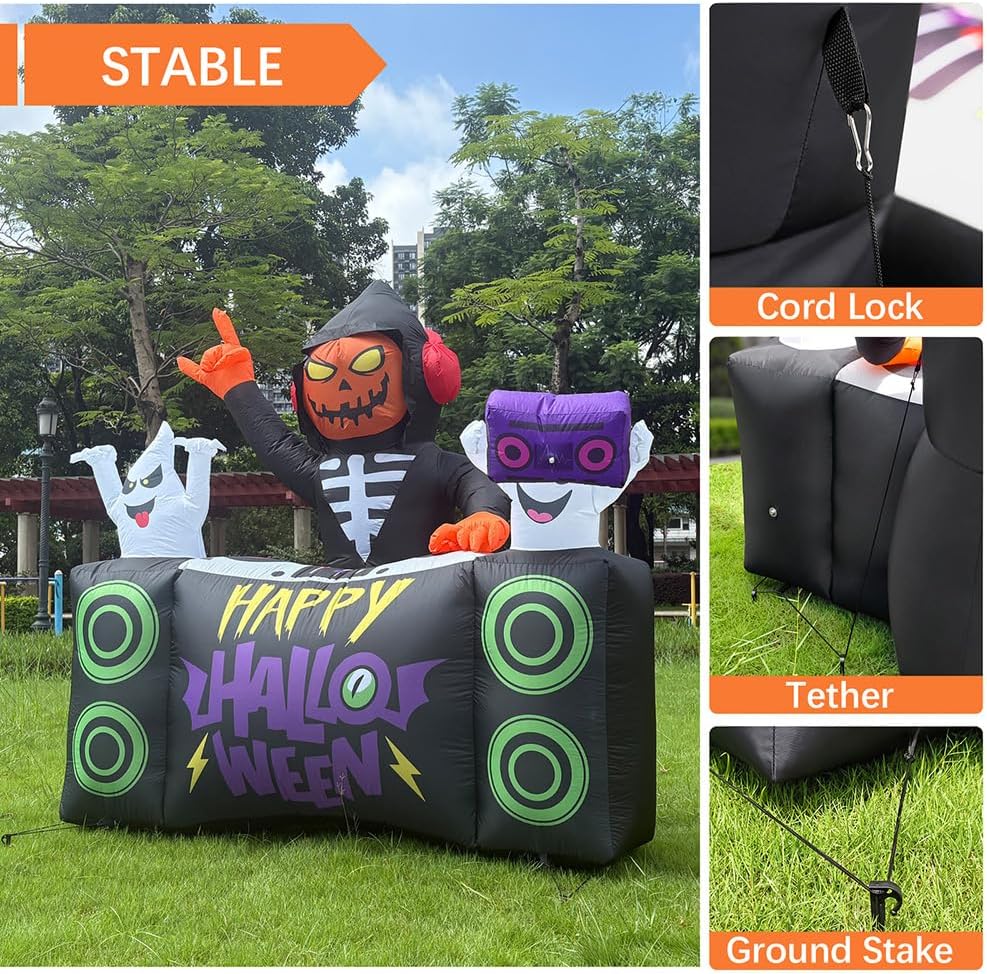 6 FT Halloween Inflatable Pumpkin Grim Reaper DJ Outdoor Décor | LED Projector Lighting, Fast Auto Inflate, Wind