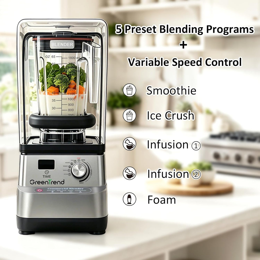 Commercial Blender for Smoothies 65Oz with Detachable Enclosure, 2200W
