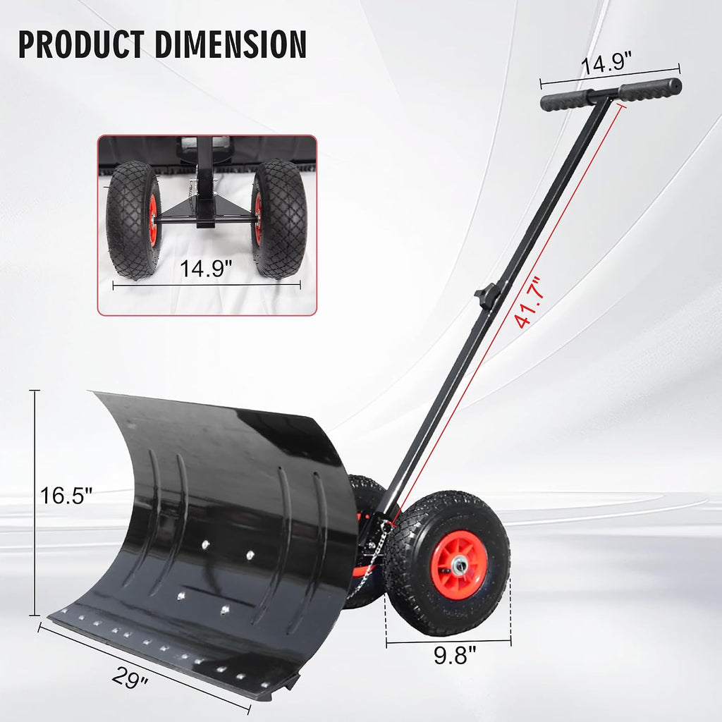 Snow Shovel for Driveway with Wheels | Metal Snow Pusher, 29" Adjustable Blade, Heavy Duty Snow Plow, Driveway Snow
