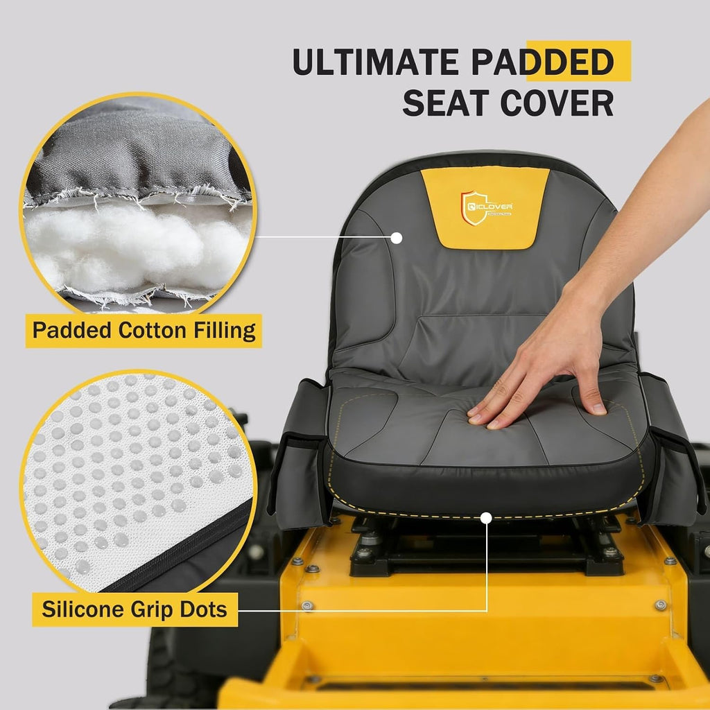 Lawn Mower Seat Cover, Padded Riding Mower Seat Cushion - Medium | 2 Side Drink Pouch, Waterproof Heavy Duty 600D