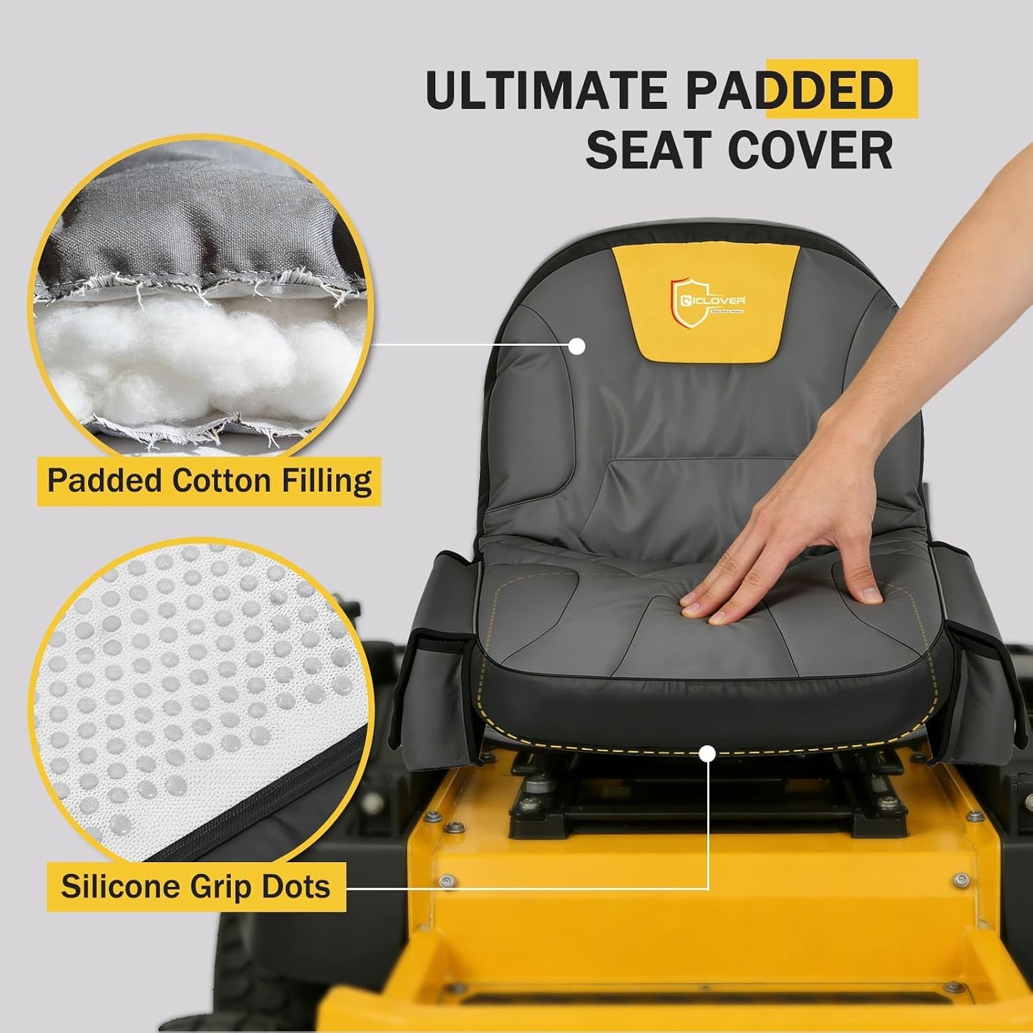 Lawn Mower Seat Cover, Padded Riding Mower Seat Cushion - Medium | 2 Side Drink Pouch, Waterproof Heavy Duty 600D